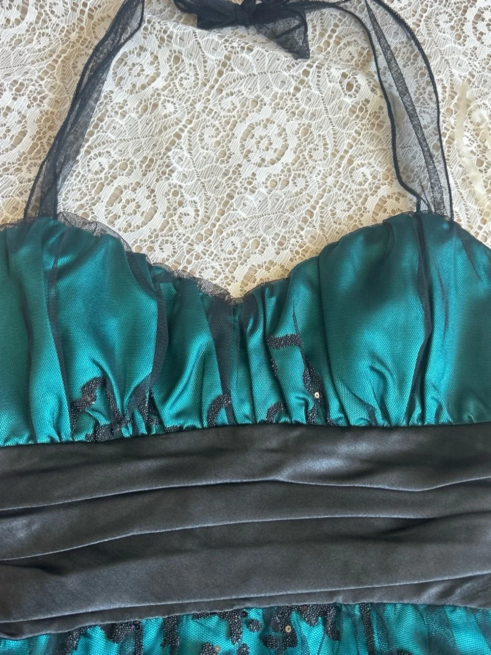 Trixxi Teal and Black Halter Prom Dress